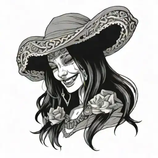 girl smiling, hood covering eyes, long hair tattoo design idea