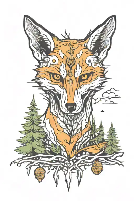 Fox skull with pine trees in the back  tattoo design idea