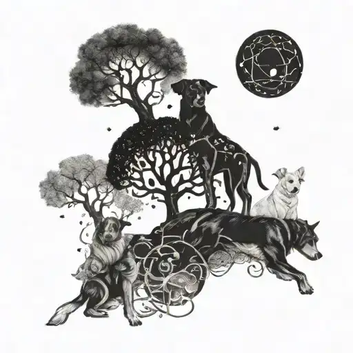 A tree of life intertwined with constellations and planets, with three dogs representing family, all in a vintage style tattoo design idea