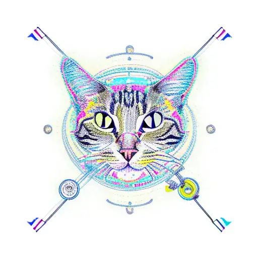 A sewing machine with cosmic patterns and a cat thread holder tattoo design idea