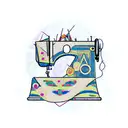 A sewing machine with cosmic patterns and a cat thread holder tattoo design idea