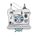A sewing machine with cosmic patterns and a cat thread holder tattoo design idea