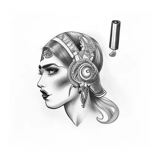 vintage Chicano style women blowing off smoking smoking pistol with tattoo shhhh above her eyebrow tattoo design idea