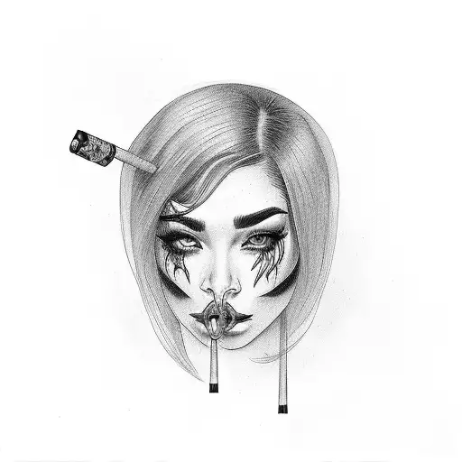 Chicano style women blowing off smoking gun with shhhh above her eyebrow tattoo design idea