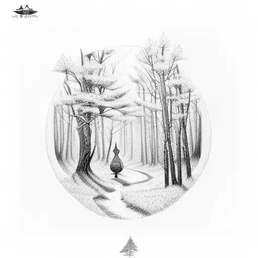A dotwork tattoo of a serene forest scene with woodworking tools hidden within tattoo design idea