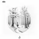 A dotwork tattoo of a serene forest scene with woodworking tools hidden within tattoo design idea