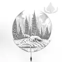A dotwork tattoo of a serene forest scene with woodworking tools hidden within tattoo design idea