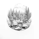 A dotwork tattoo of a serene forest scene with woodworking tools hidden within tattoo design idea