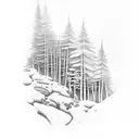 A dotwork tattoo of a serene forest scene with woodworking tools hidden within tattoo design idea