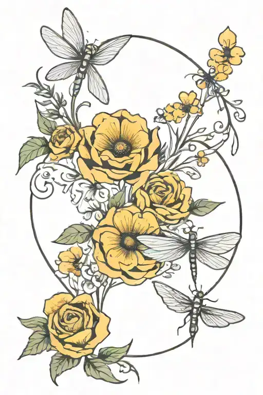 Simplistic line of flowers with a crescent moon and dragonfly, with the name Alyssa incorporated tattoo design idea