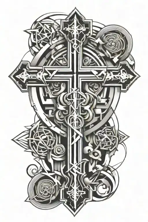 Upper arm and shoulder with 3 Andreas crosses in the center and geometric design around it tattoo design idea