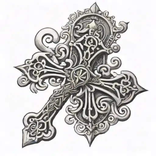 A tattoo of the Christian Cross made up of intricate lock and key designs tattoo design idea