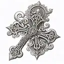 A tattoo of the Christian Cross made up of intricate lock and key designs tattoo design idea