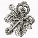 A tattoo of the Christian Cross made up of intricate lock and key designs tattoo design idea