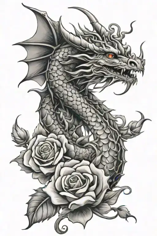 Oriental dragon with roses mayflowers tattoo design idea