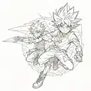 Create a tattoo design featuring Gon Freecss and Killua Zoldyck in a dynamic action pose tattoo design idea