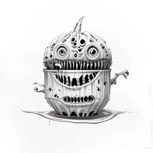 A coffee bean transformed into a creepy horror movie creature tattoo design idea