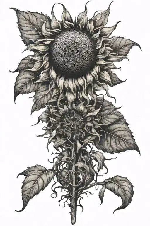 A sunflower with roots spreading out like rays of the sun, creating a unique and symbolic design for the farmer tattoo design idea