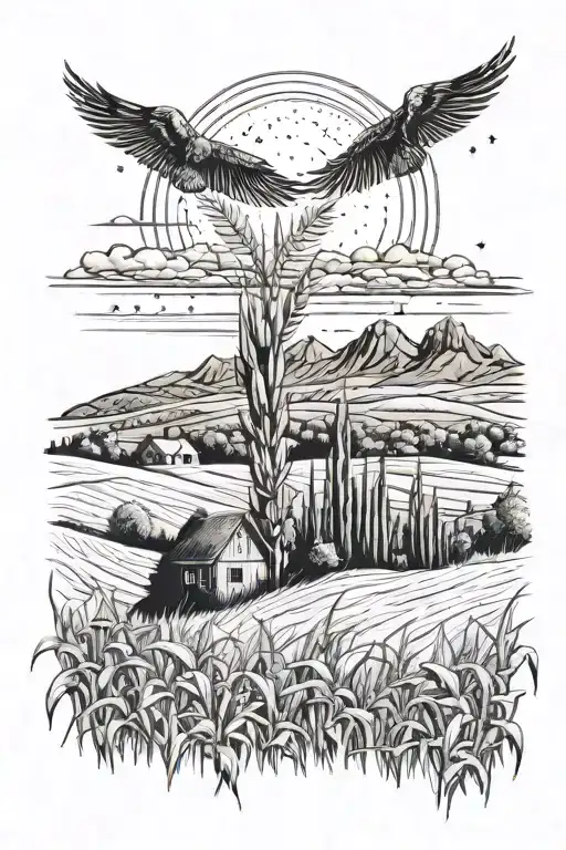 cornfields with mountains in the background and the night sky tattoo design idea
