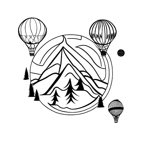 mountain tree hot air balloon sun tattoo design idea