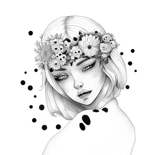 women made of flowers sitting in grass field with a dalmatians tattoo design idea