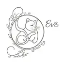 cat remembrance tattoo including paw prints, infinity circle and text Evee tattoo design idea