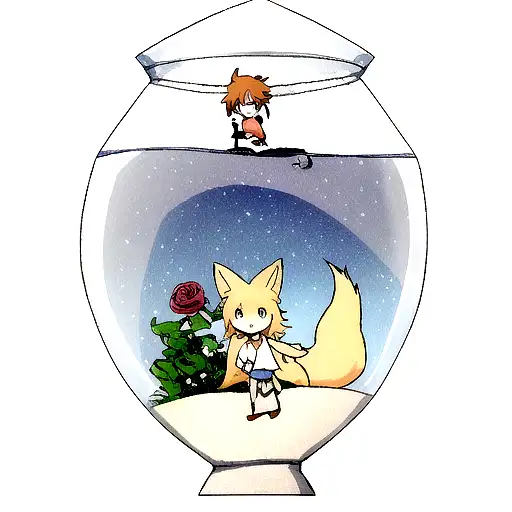 petit prince avec un le renard et une rose sous cloche et deux étoiles  tattoo design idea