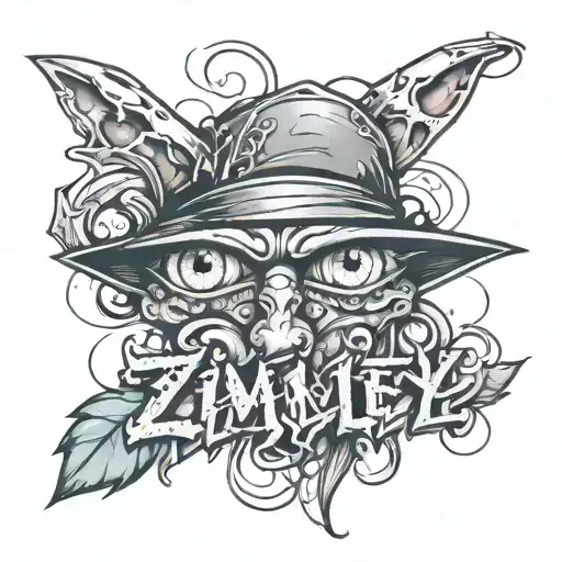 the name zimley, old traditional font with a graffiti  gangster style, make itthin lined a pair of simple suductive eyes tattoo design idea