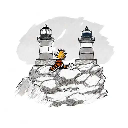 Calvin and Hobbes sitting on a rocky cliff overlooking the Oregon Coast, with a lighthouse in the distance tattoo design idea