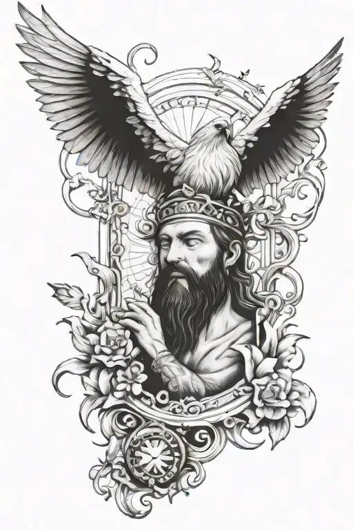 Zeus sleeve with doves, cross and H, gator eye tattoo design idea
