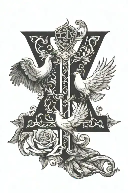 Zeus, 2 doves, letter "H", cross tattoo design idea