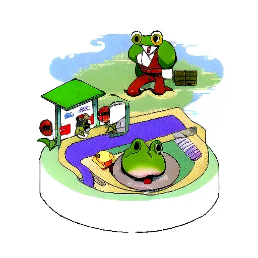 A retro-inspired video game landscape with a frog as the main character, battling retail-themed enemies tattoo design idea