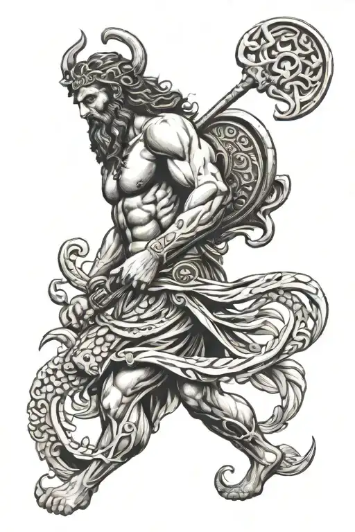 A dark and moody depiction of Poseidon, the Greek god of the sea, with a punk rock twist tattoo design idea