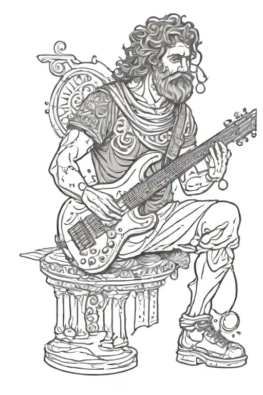 Create a tattoo design of a melancholic Greek god playing the bass guitar, with nods to punk and metal music influences, in a dotwork style. tattoo design idea