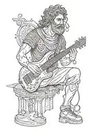 Create a tattoo design of a melancholic Greek god playing the bass guitar, with nods to punk and metal music influences, in a dotwork style. tattoo design idea