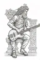 Create a tattoo design of a melancholic Greek god playing the bass guitar, with nods to punk and metal music influences, in a dotwork style. tattoo design idea