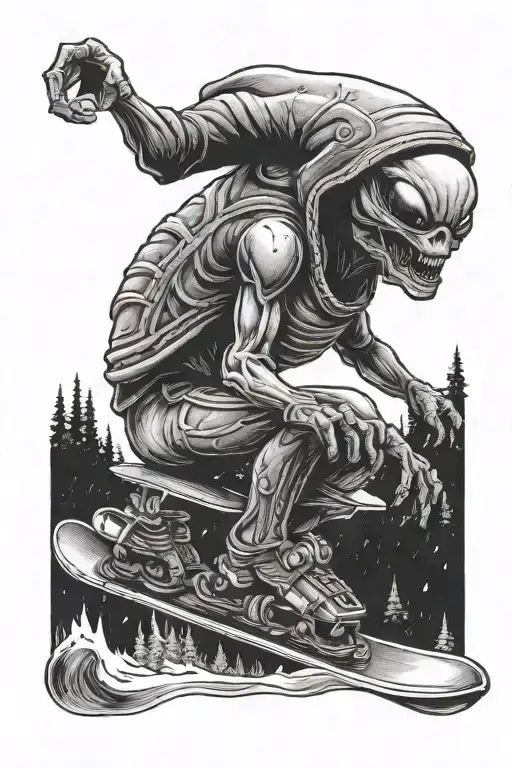 alien wearing a beanie riding a snowboard tattoo design idea