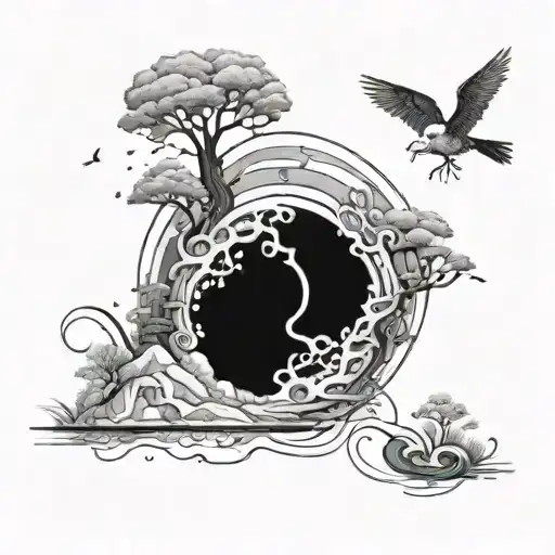 An abstract representation of the creation story from Genesis, incorporating elements like light, water, and land tattoo design idea