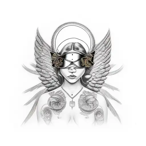 female angel  black and white with golden blindfold on tattoo design idea