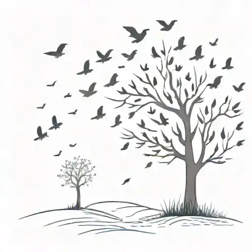 tree with birds flying away into the sky tattoo design idea