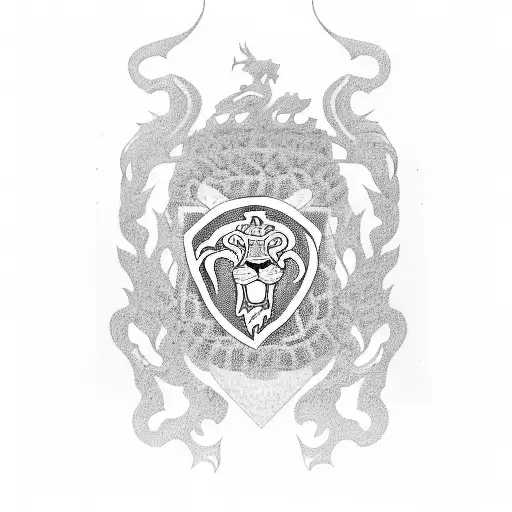A dotwork tattoo depicting a fierce lion wearing a soccer jersey with the image of São Jorge, symbolizing the client's dedication to futebol and their admiration for São Jorge. tattoo design idea