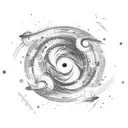 spiral with words "come with us now on a journey through time and space" with stars and planets surrounding  tattoo design idea