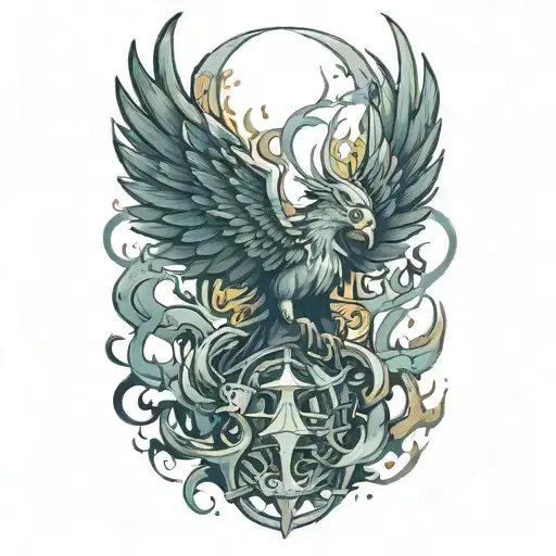 AVE FENIX WITH FLAMES AND SHADING AND BROKEN CHAINS tattoo design idea