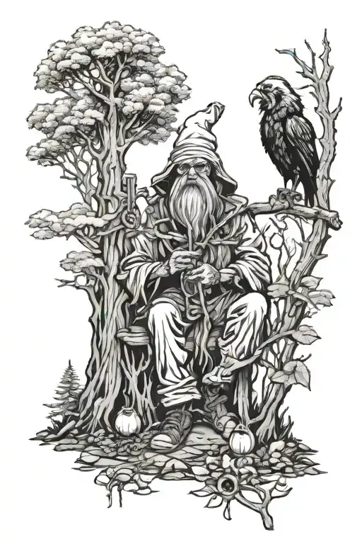 Baba Yaga smokes a bong in the forest tattoo design idea