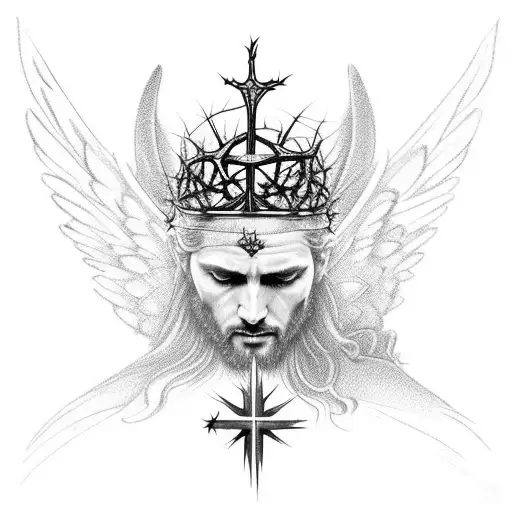 A detailed composition of angels holding a crown of thorns, emphasizing divine grace and redemption tattoo design idea