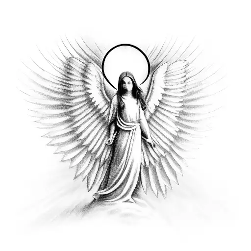 An ethereal scene of an angel emerging from an empty tomb, representing resurrection and hope tattoo design idea