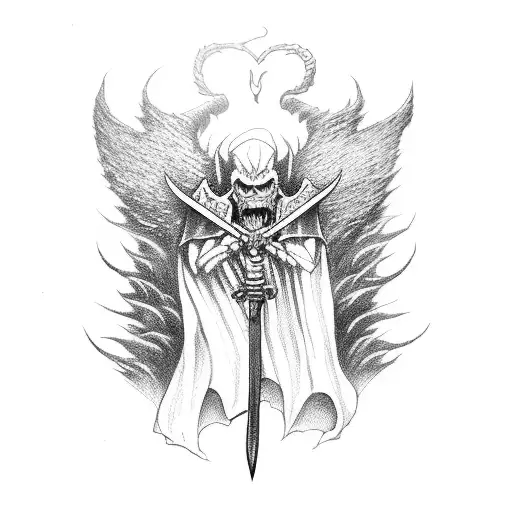 a monster like demon with an axe defeating an angel with a sword and shield midair in a stormy night tattoo design idea