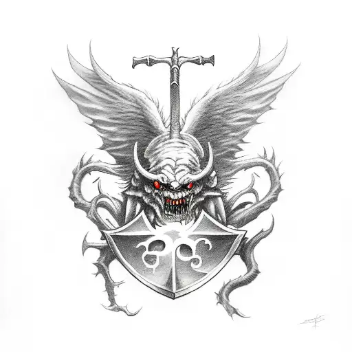 a monster like demon with an axe defeating an angel with a sword and shield midair in a stormy night tattoo design idea