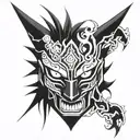 an oni mask split in half Kurama Naruto and zeraora with Naruto sealed and flame  tattoo design idea
