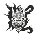 an oni mask split in half Kurama Naruto and zeraora with Naruto sealed and flame  tattoo design idea